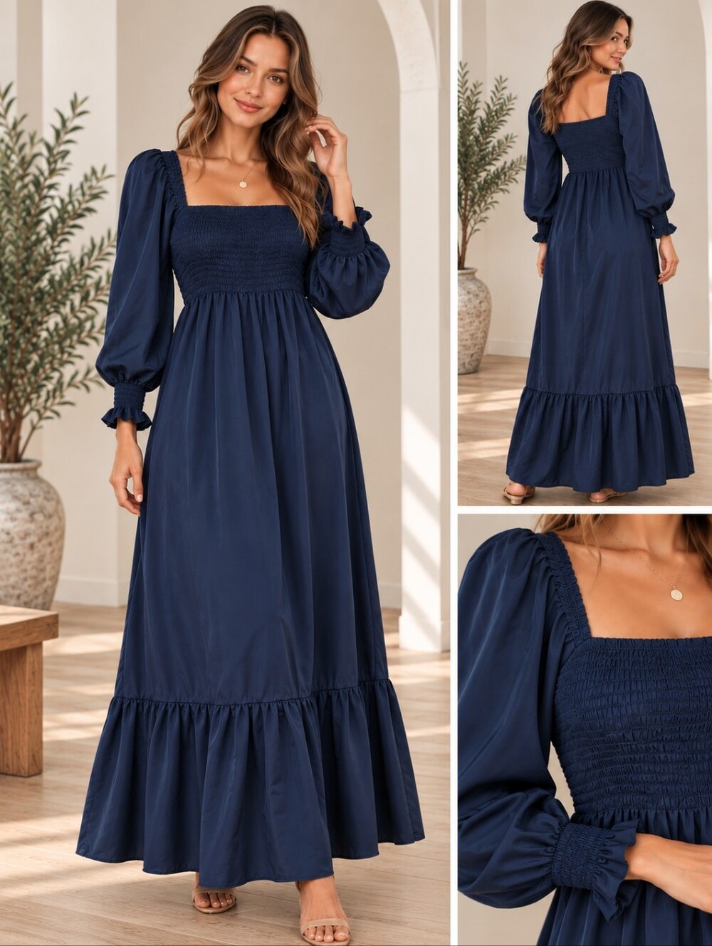 SHEIN Medium Navy Blue Square Neck Smocked Ruffle Hem Maxi Dress